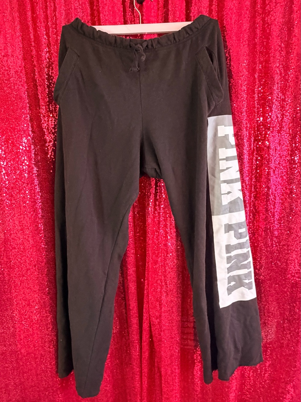 Victoria's Secret Black Track Pants with White 'PINK' Side Logo